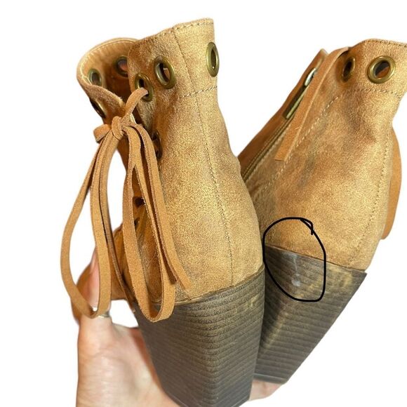 93 Vintage Womens Open Toe Ankle Boots Lace Up Tan Side Zip Vegan 9.5 - Picture 11 of 16